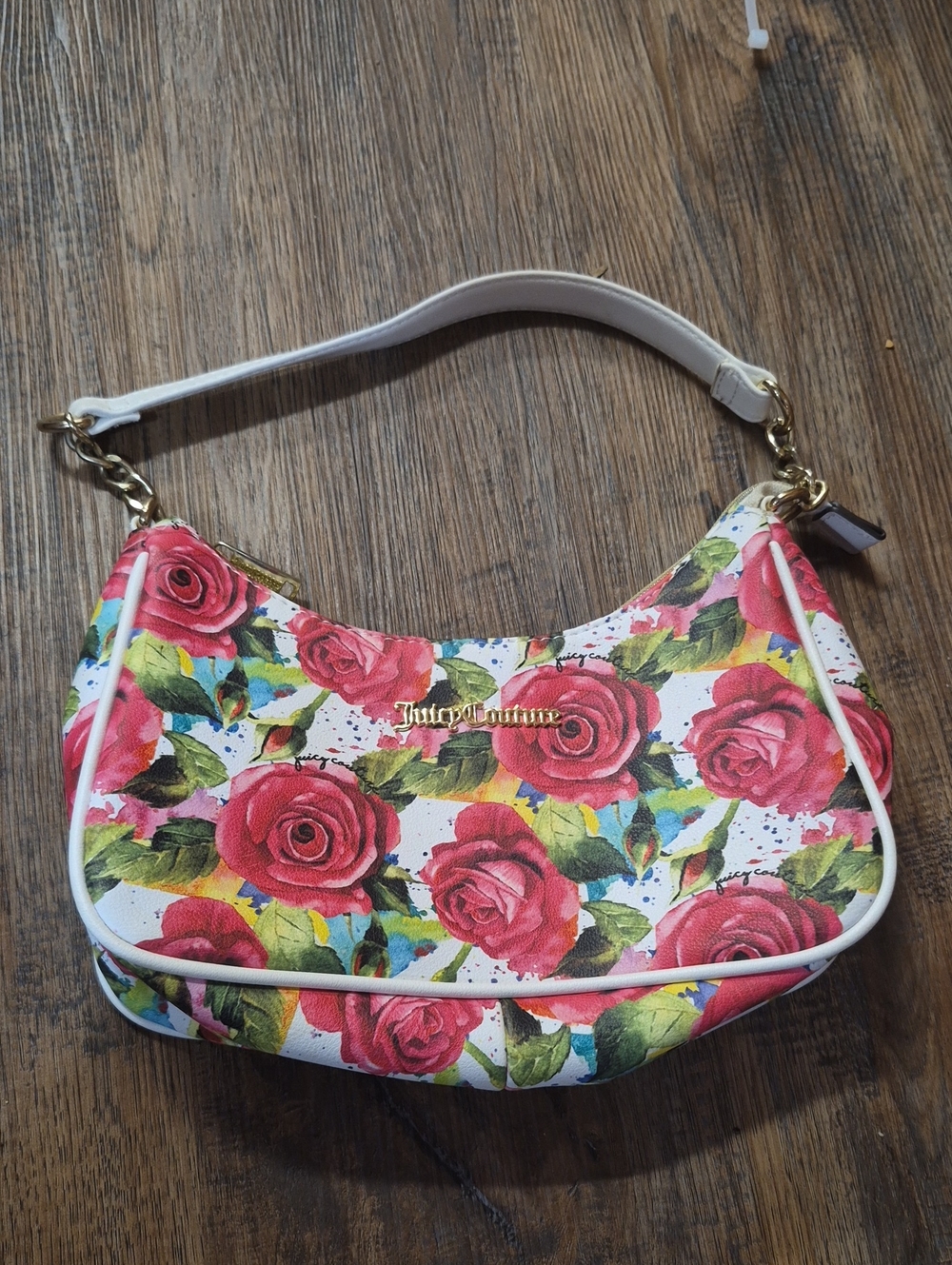 Juicy Couture White Bag with Red Rose Print and Gold Logo